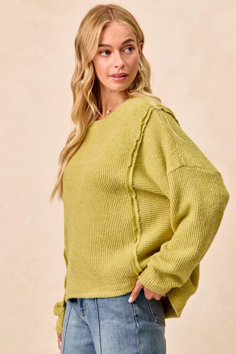 women's bibi boucle rib knit uneven hem sweater with open seam - product detail