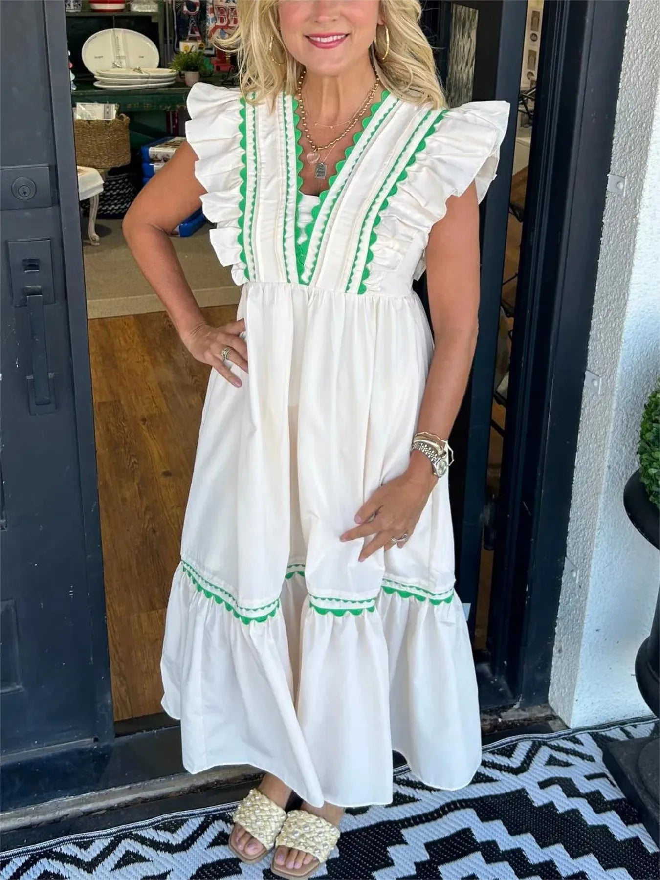 Full Size Contrast Trim Ruffled Cap Sleeve Dress Plus Size White
