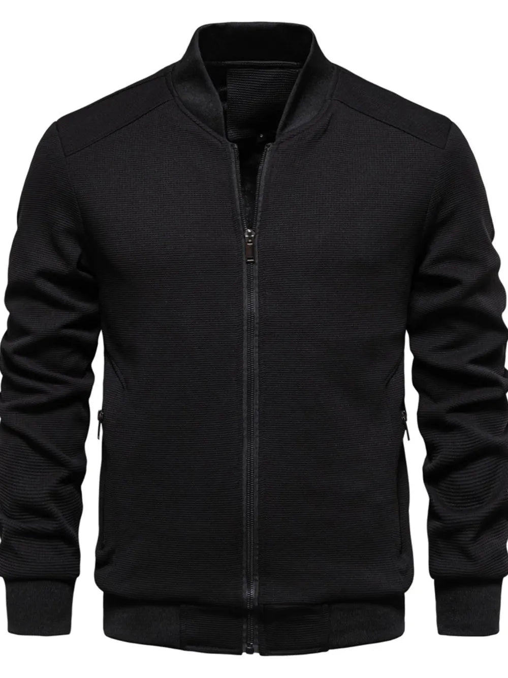 Men's Waffle Knit Baseball Collar Zip Up Jacket Black