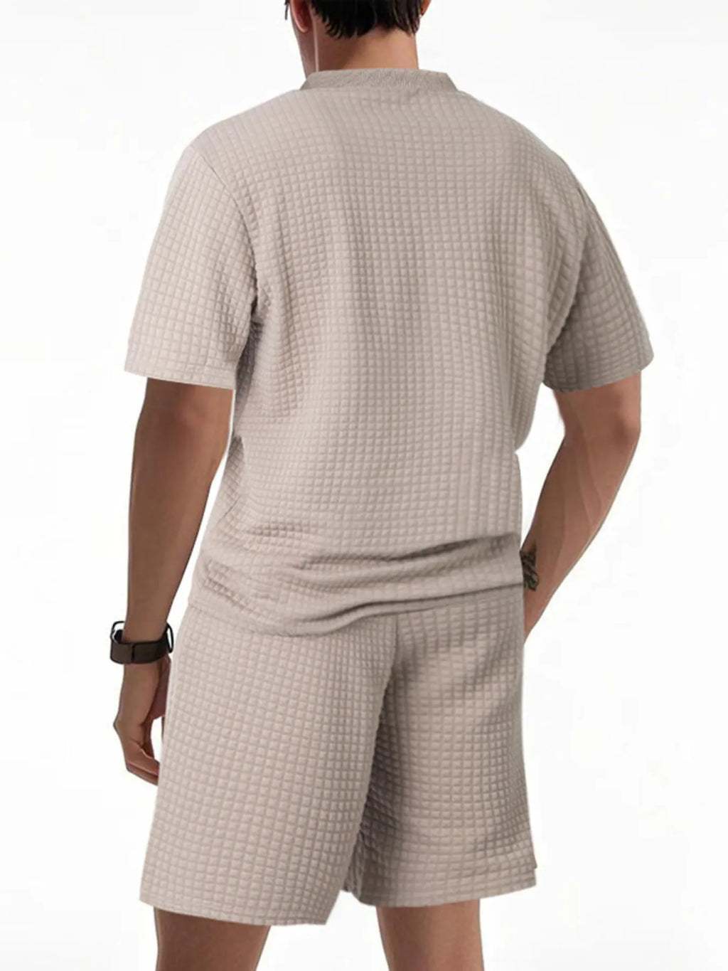 men's men's full size textured round neck top and shorts set plus size - product detail