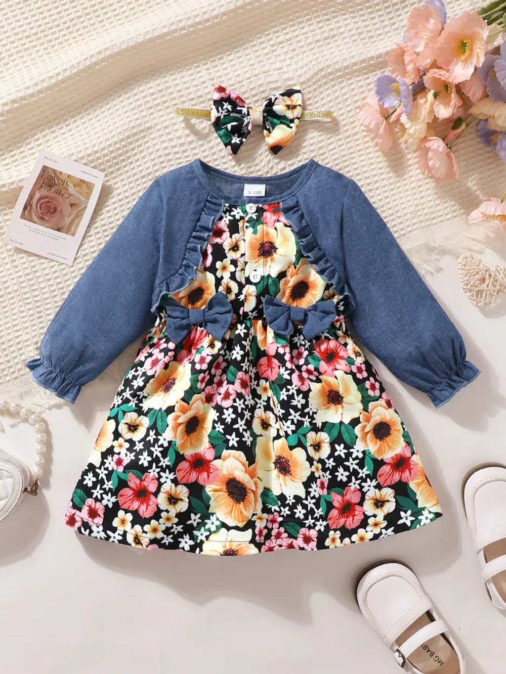 children's ruffled bow contrast floral dress with headband — stylish clothing for kids