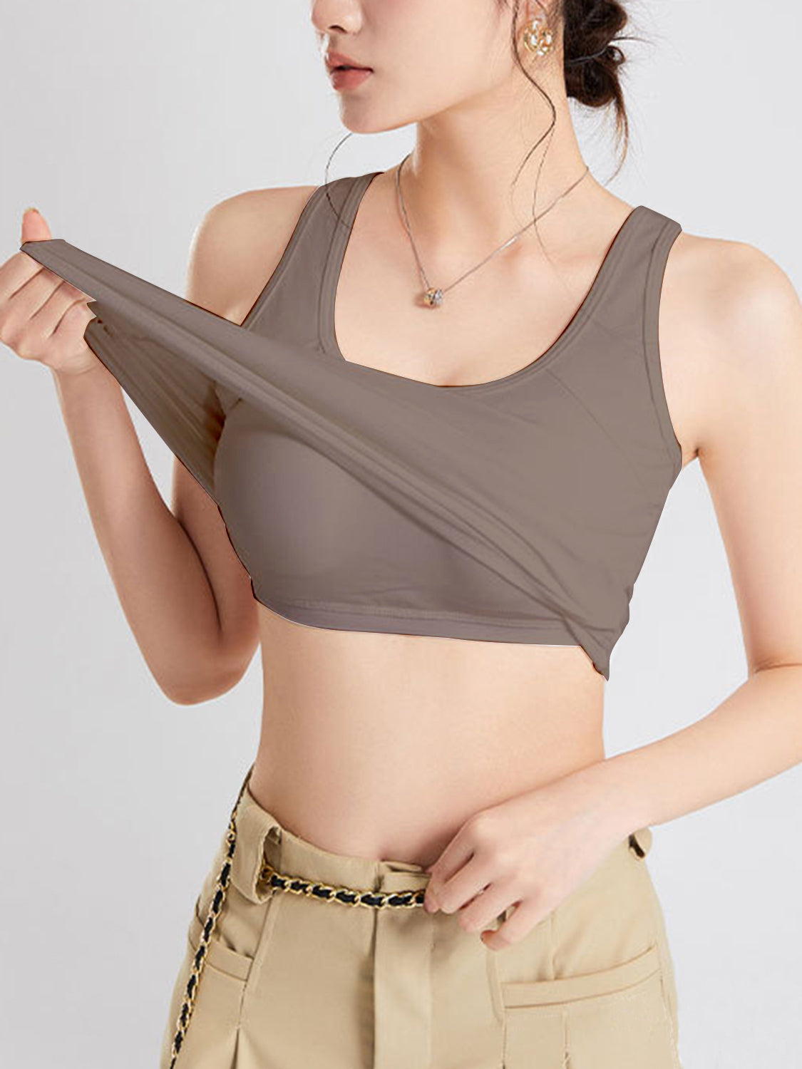 Crisscross Scoop Neck Wide Strap Cropped Tank with Chest Pads Mocha