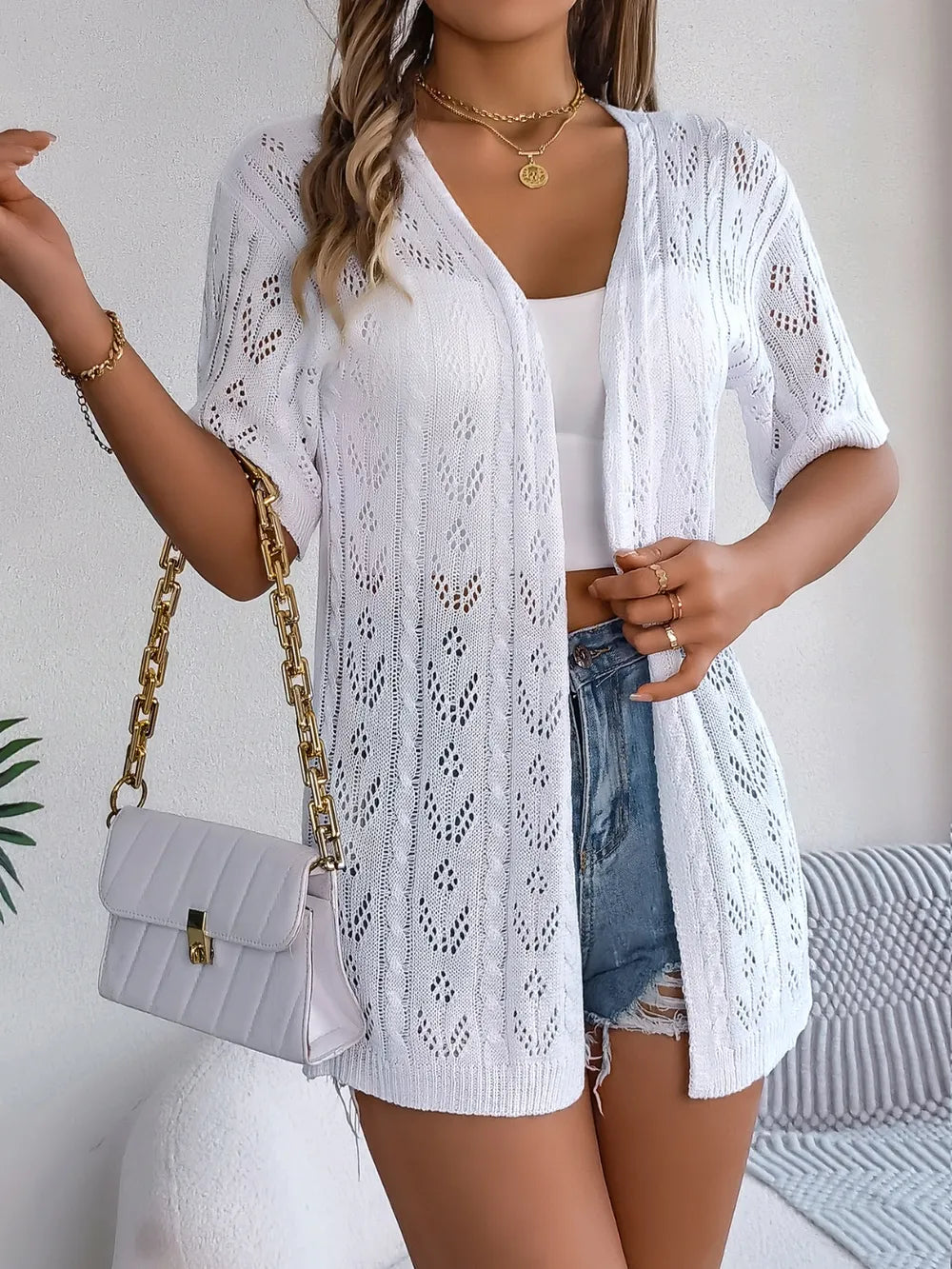 Openwork Open Front Half Sleeve Cardigan
