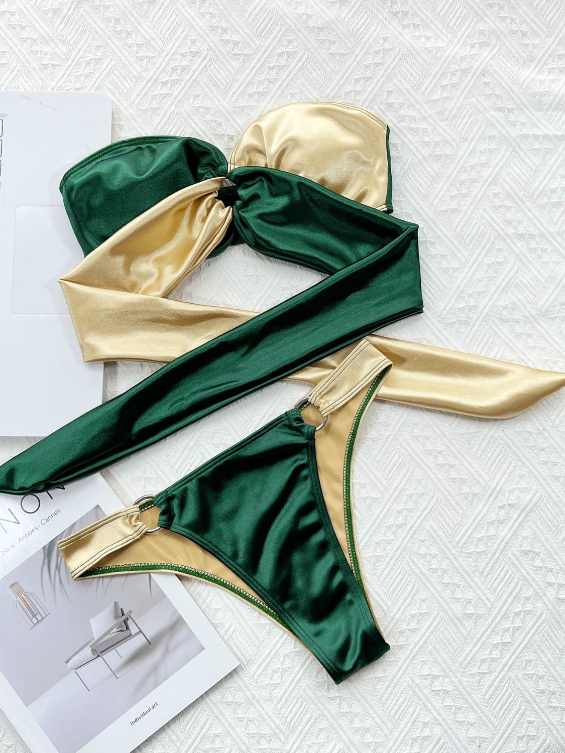 Two-Tone Ring Detail Tied Bikini Set Forest