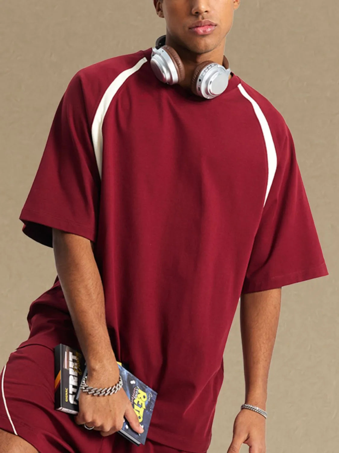 Men's Contrast Round Neck Half Sleeve T-Shirt Burgundy