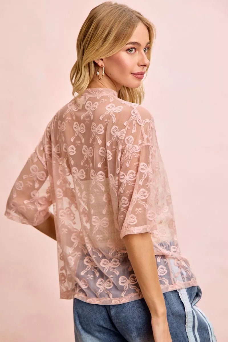 women's bibi bow pattern short sleeves boxy mesh top - product detail