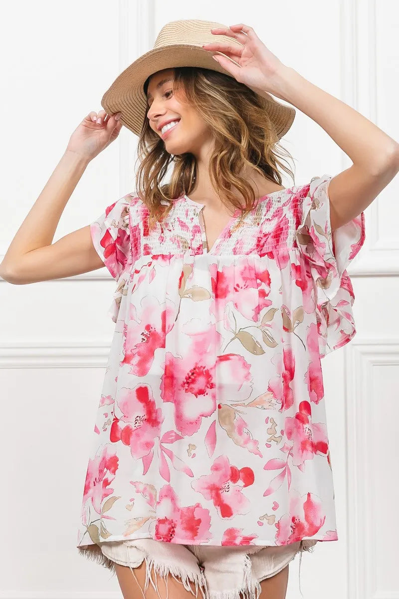 bibi floral print flutter sheer top shown as women’s outerwear