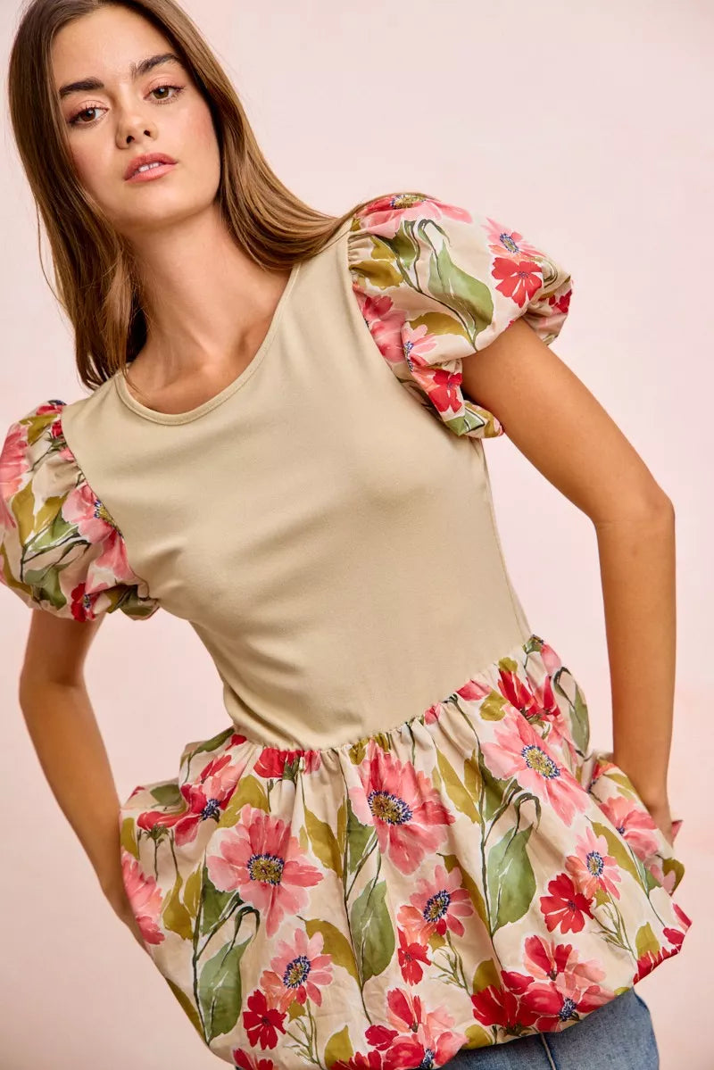 women's bibi floral printed bubble sleeves and hem peplum top - extra view