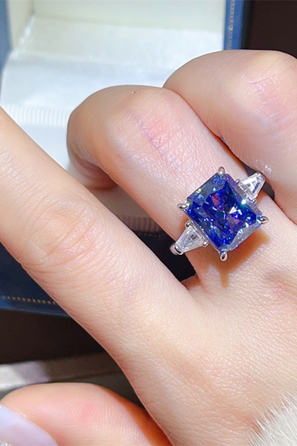 moissanite rings cushion cut antique jewelry silver 5 Carat Moissanite 925 Sterling Silver Ring in Royal Blue, size 9, 5, 6, 7, 8, shown in close-up highlighting gemstone detail