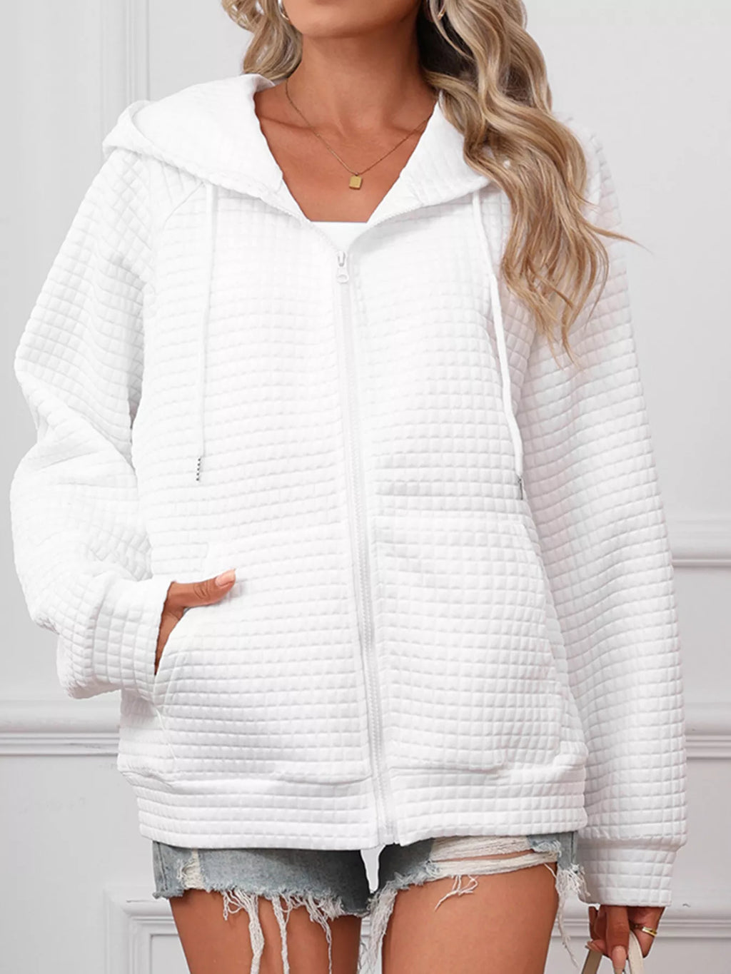 women's full size textured quilted zip-up hooded jacket plus size - additional angle