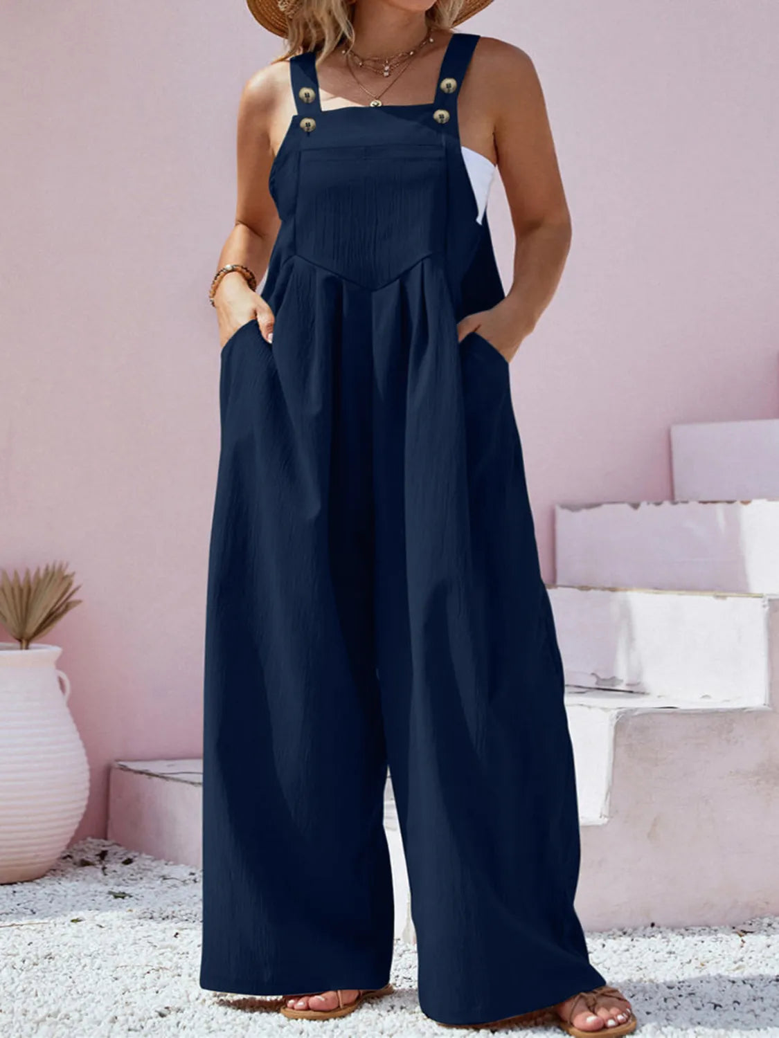 Plus Size Square Neck Wide Leg Overalls Navy