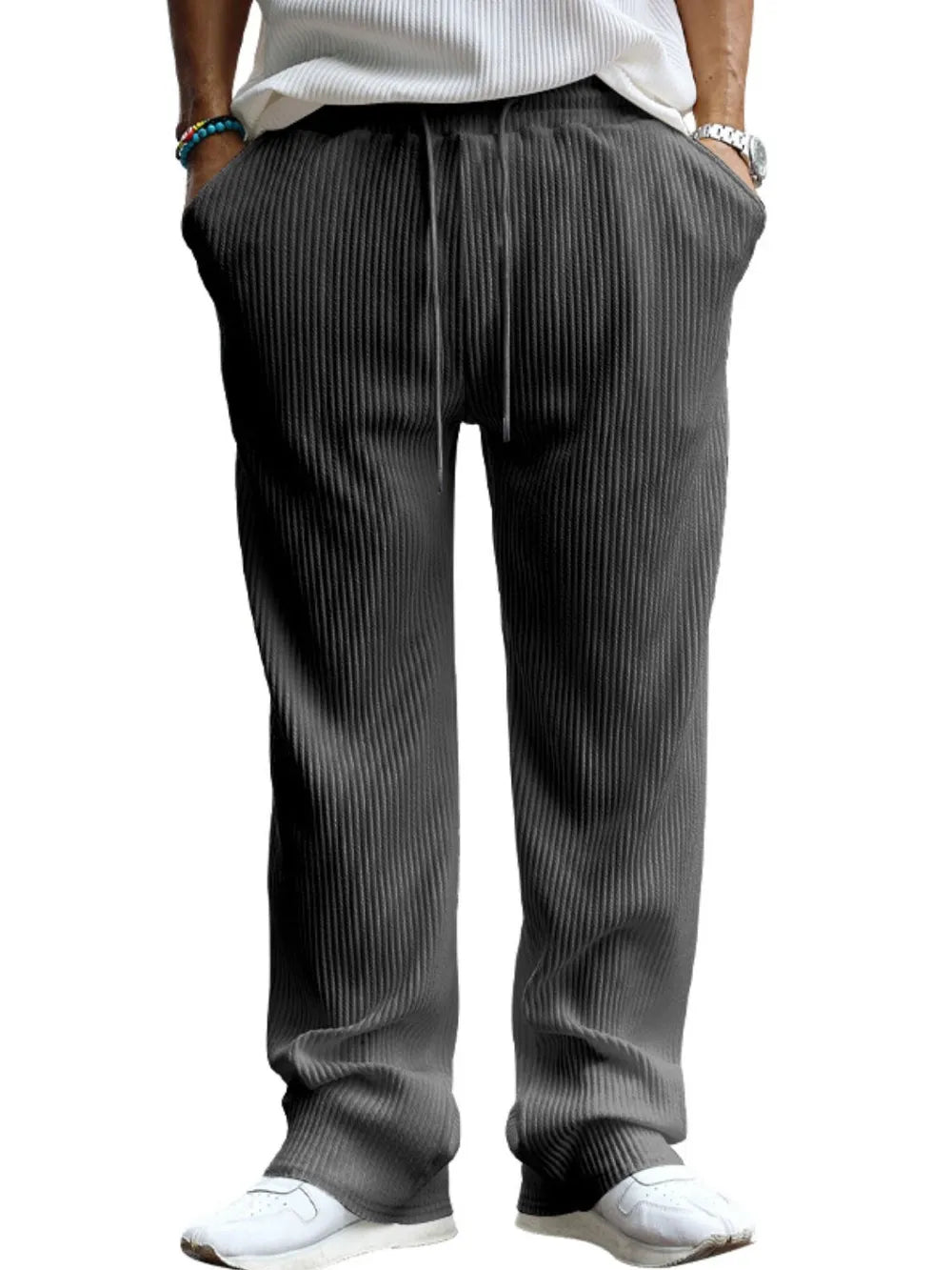 Men's Full Size Ribbed Drawstring Wide Leg Pants with Plus Size Dark Gray