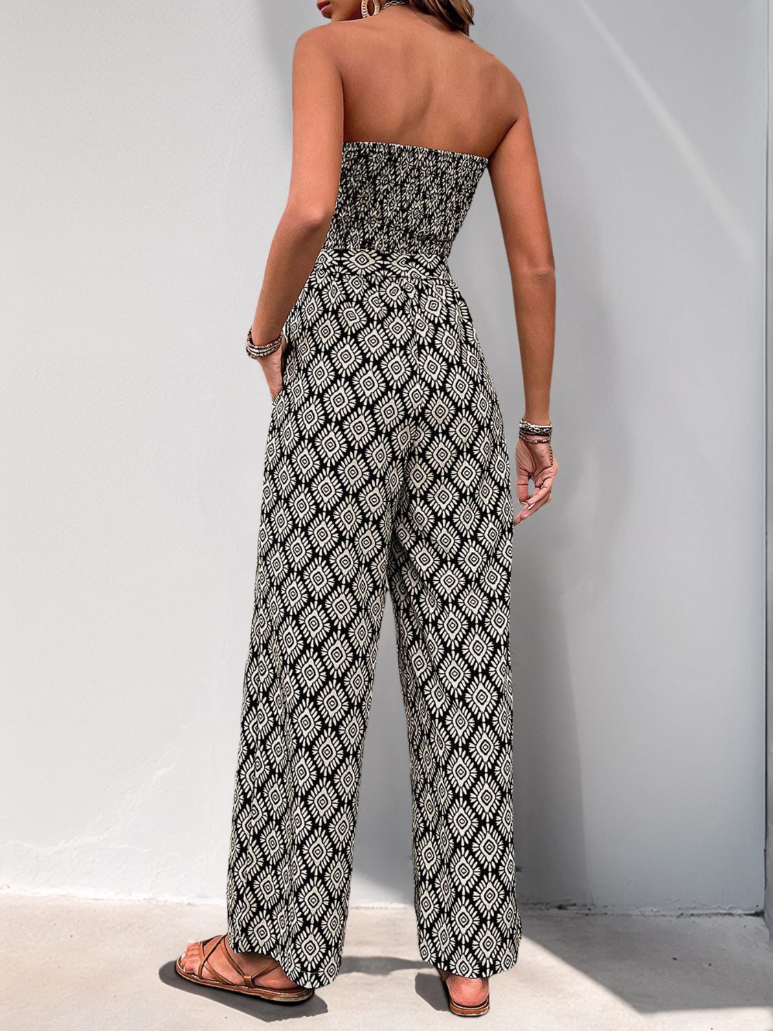 Perfee Printed Smocked Sleeveless Jumpsuit