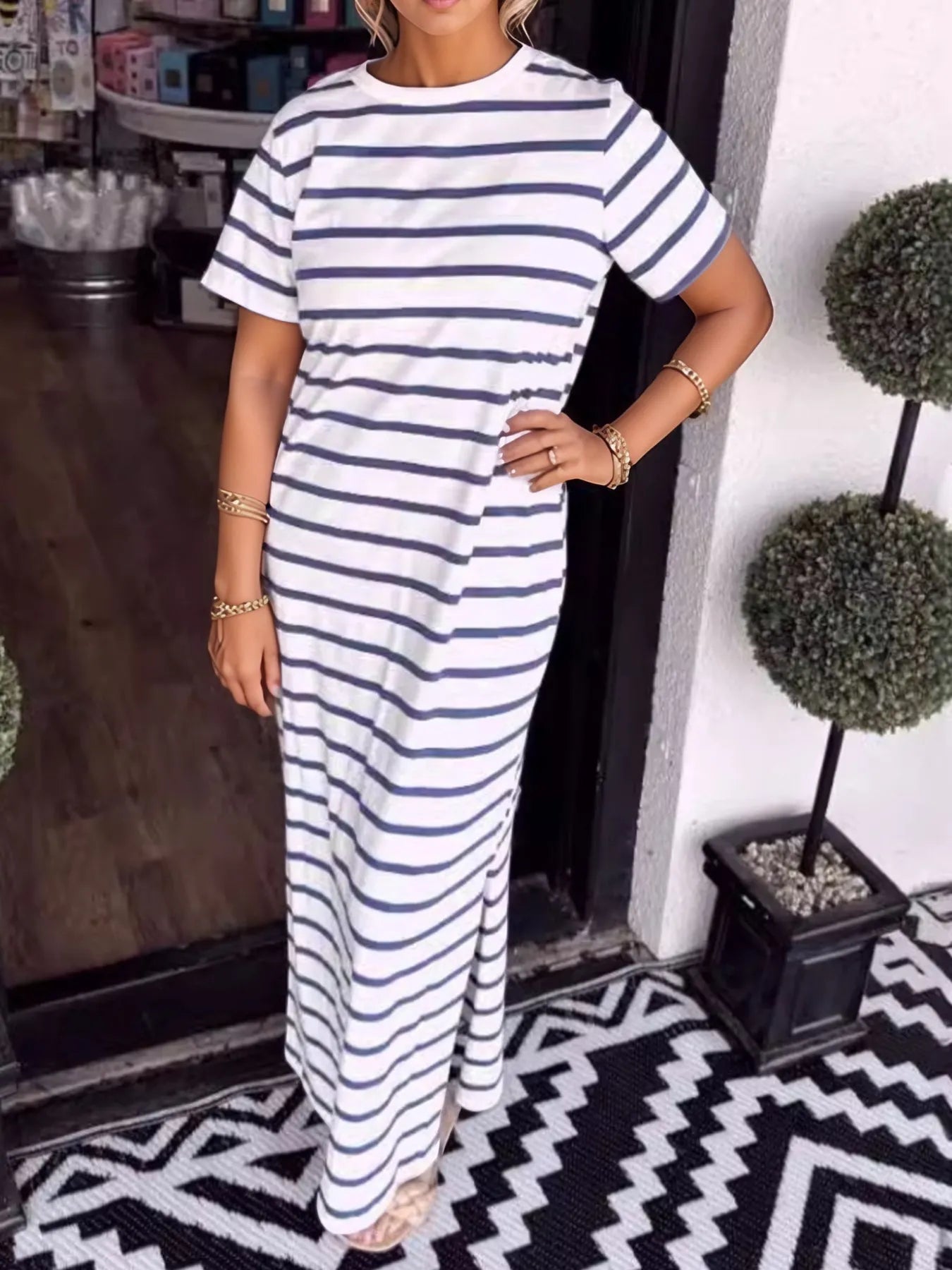 Full Size Striped T-Shirt Maxi Dress with Side Slit Plus Size Dark Blue