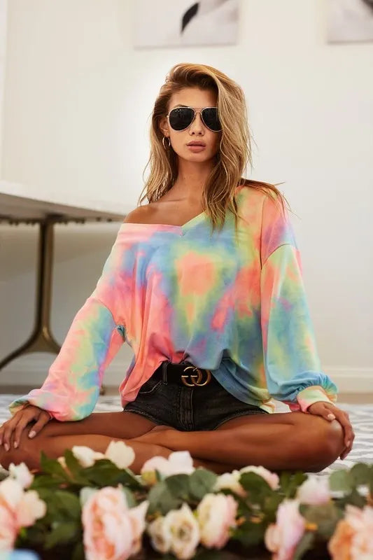 women's bibi tie dye french terry v neck top - styled view