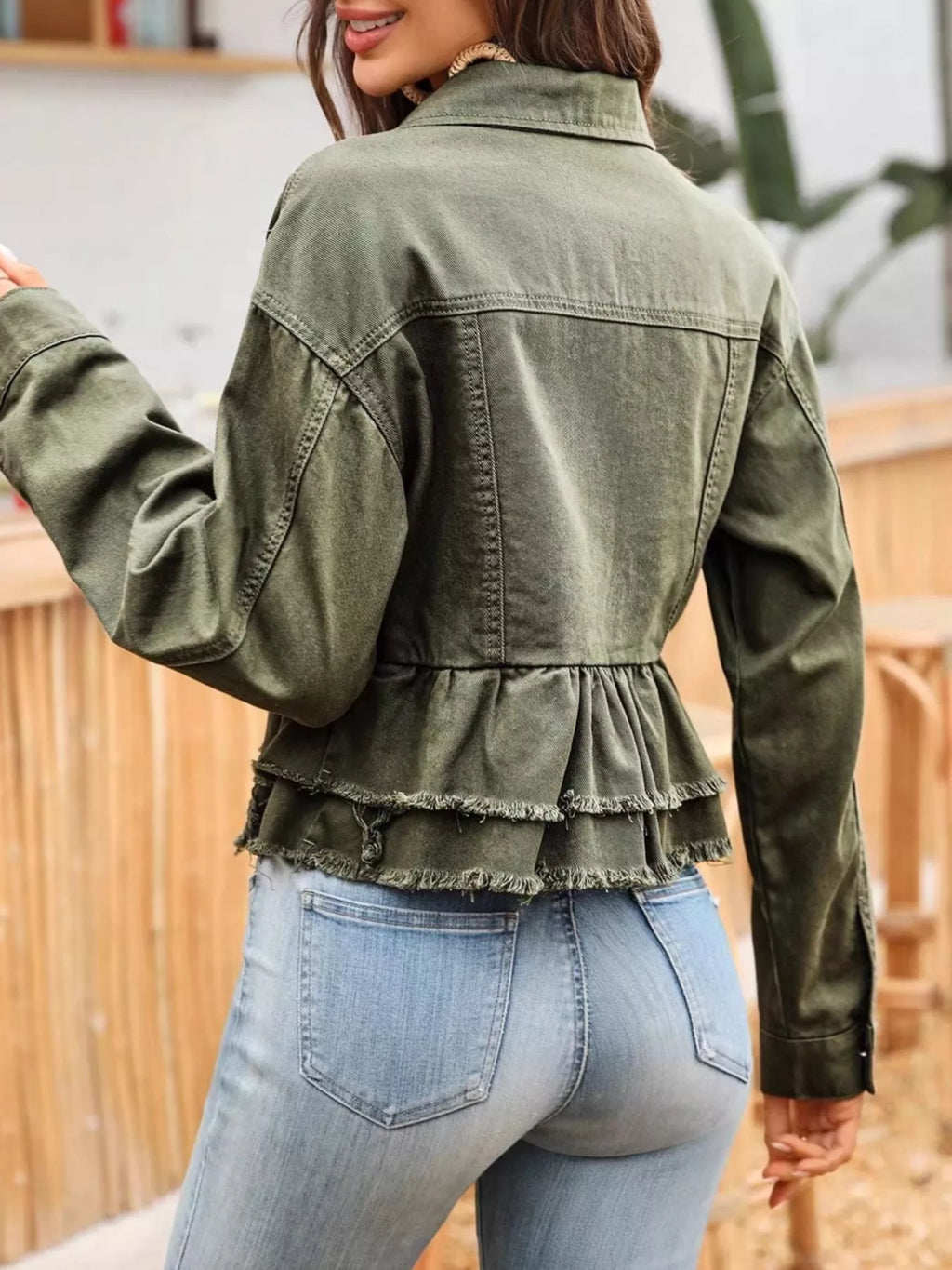 women's ruffle raw hem denim jacket - additional image