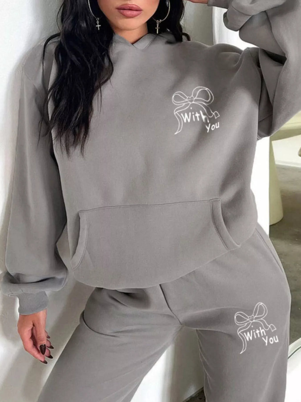 women's dropped shoulder hoodie and pants set - additional image