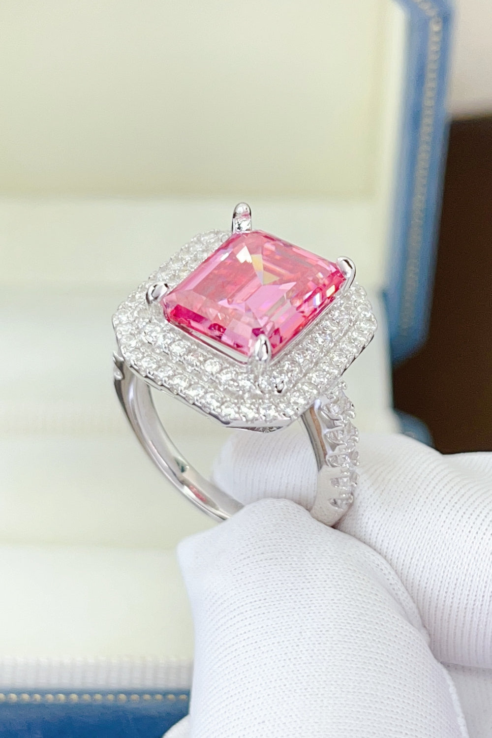 old mine cushion cut stackable fashion rings 2 Carat Moissanite Ring for Special Moments in Life in Hot Pink, size 9, 5, 6, 7, 8, shown in angled view highlighting gemstone detail