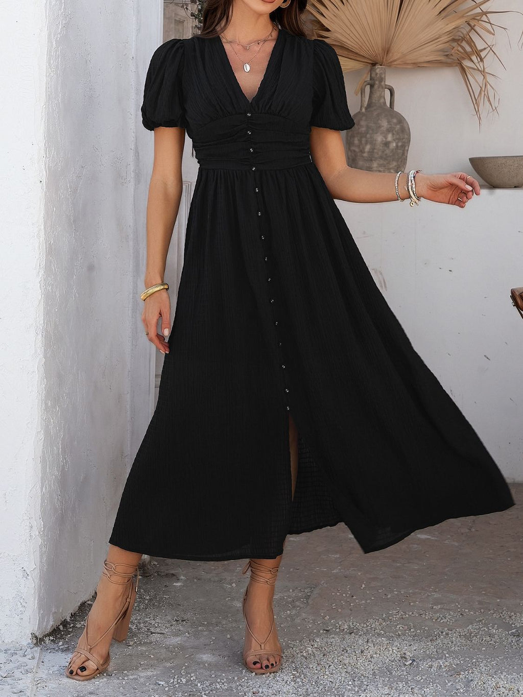 Devine V-Neck Puff Short Sleeve Midi Dress