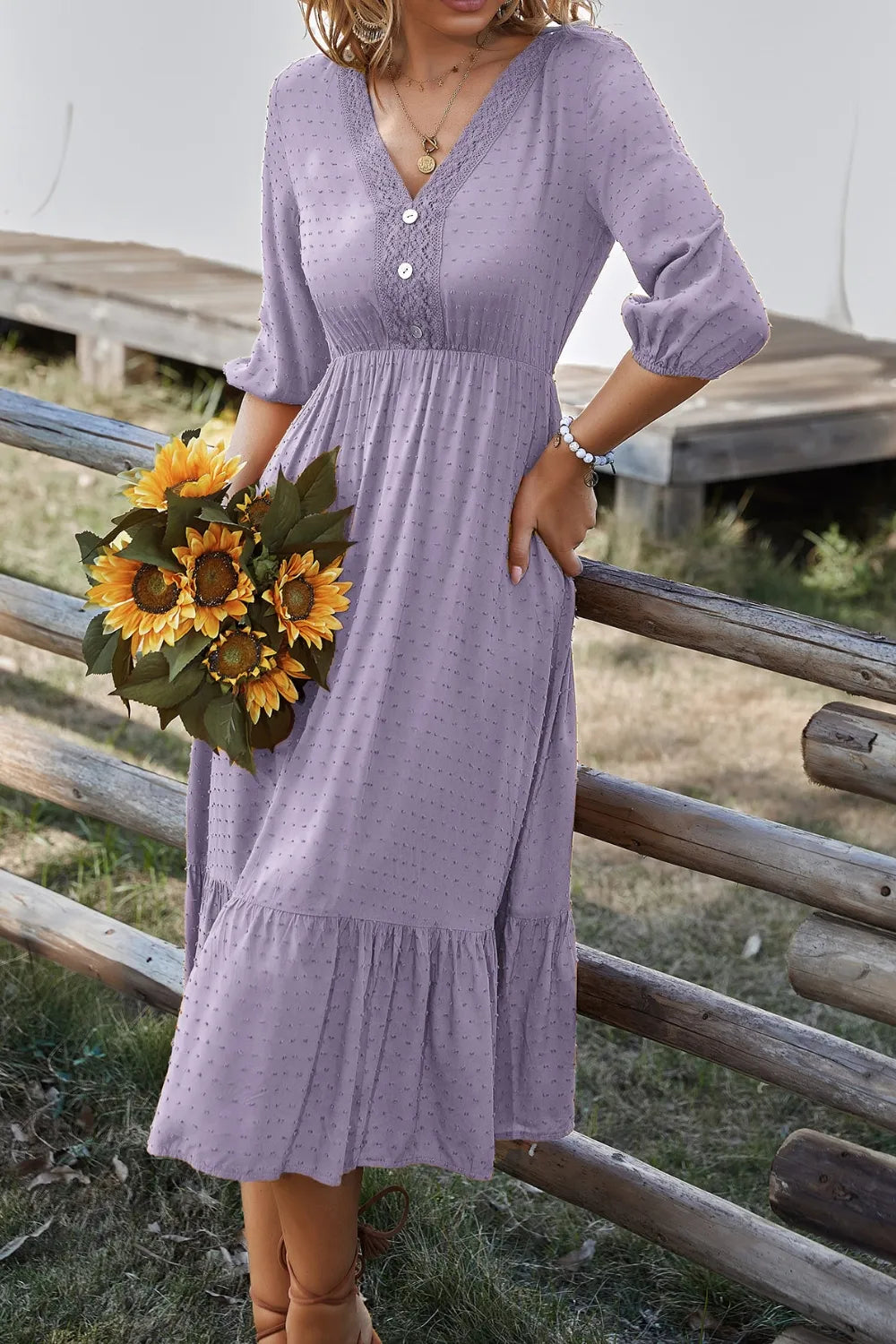 Devine Lace Detail V-Neck Midi Dress