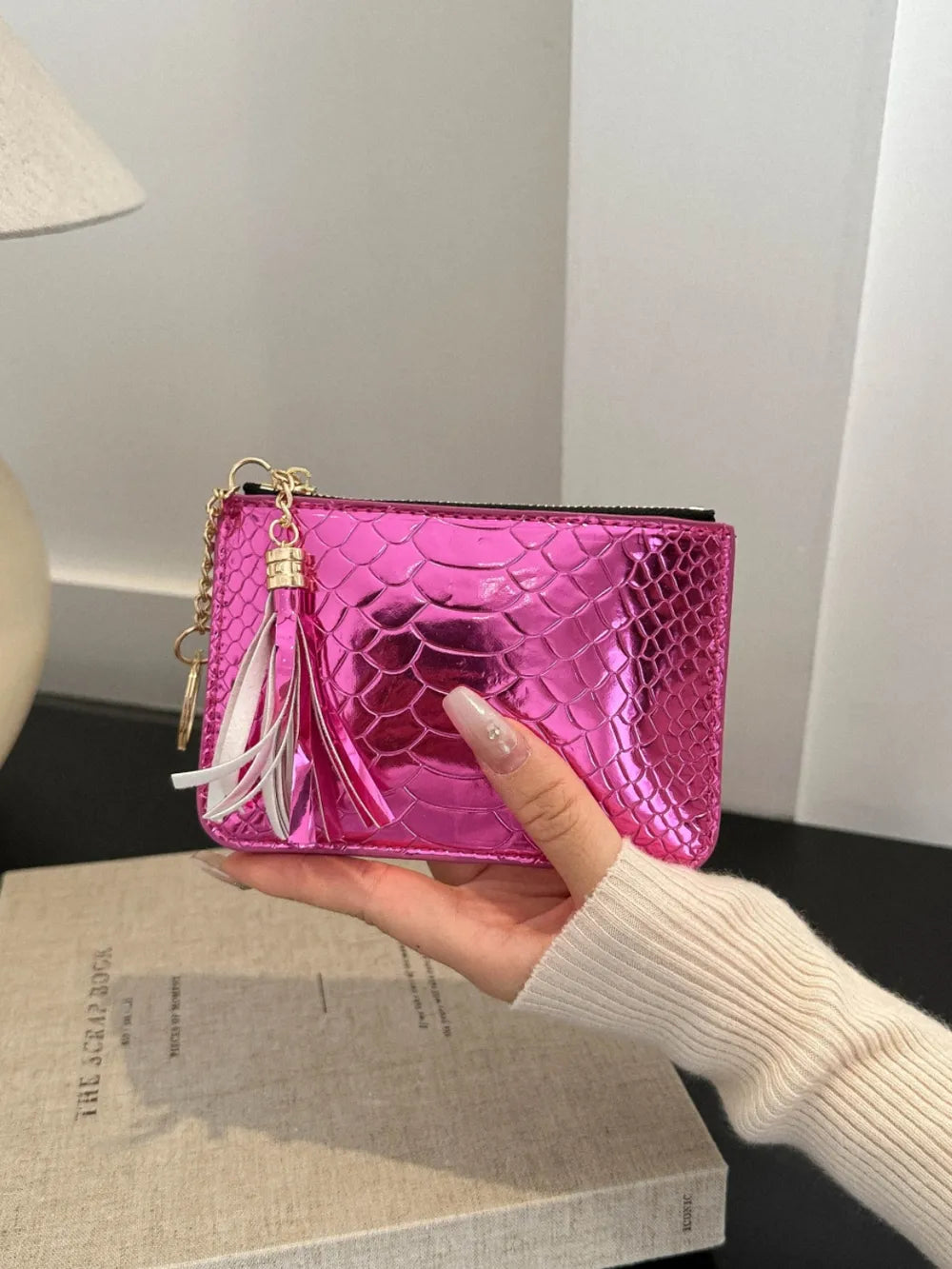 PU Leather Tassel Trim Card Case Hot Pink One Size