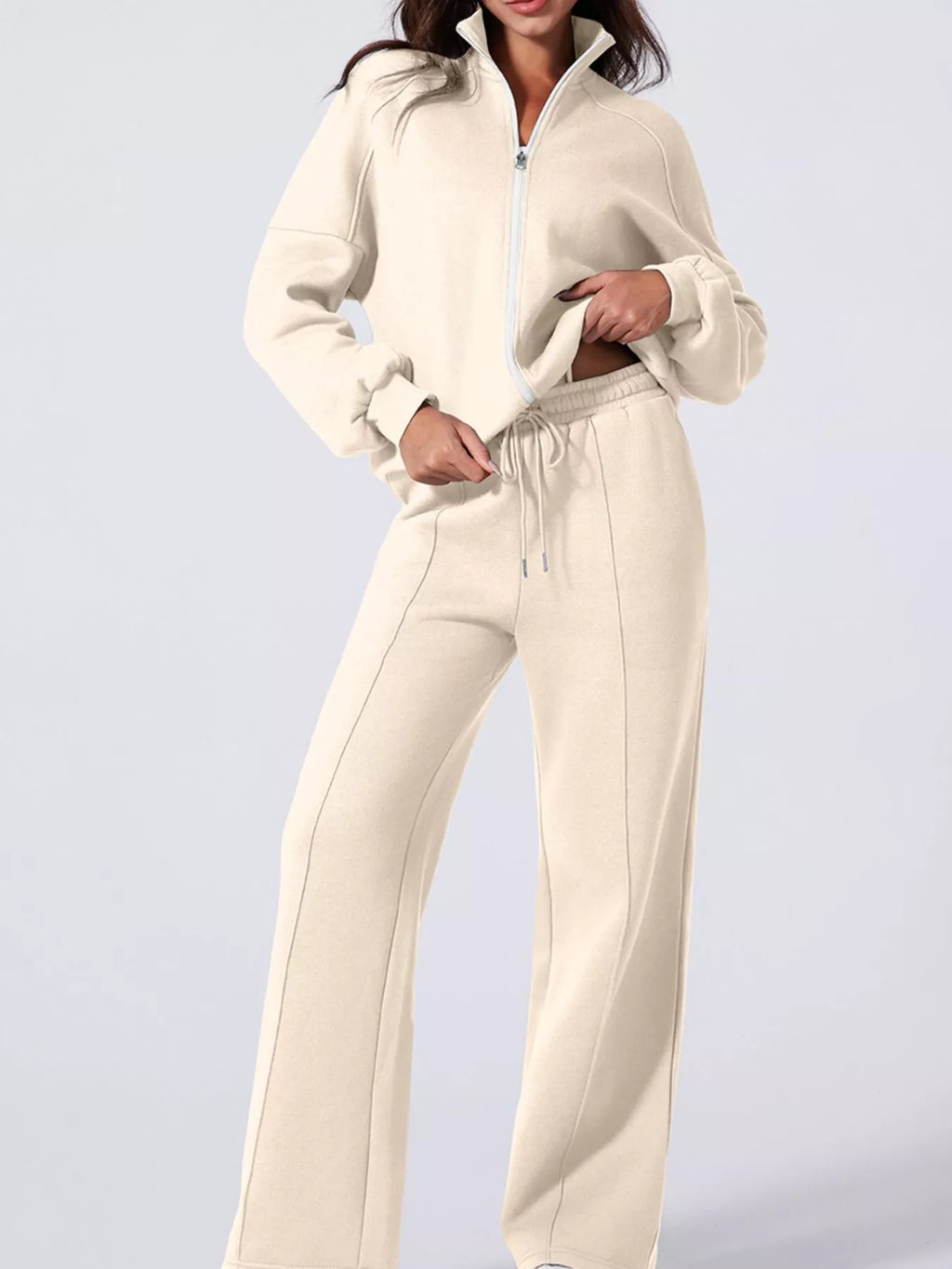 women's drop shoulder zip up jacket and drawstring pants active 2pcs set - product detail