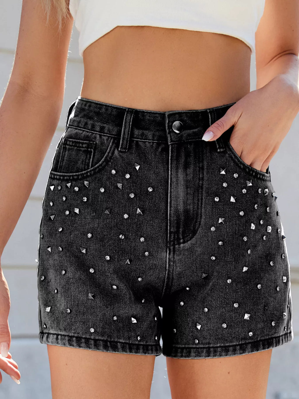 women's studded high waist denim shorts - product detail