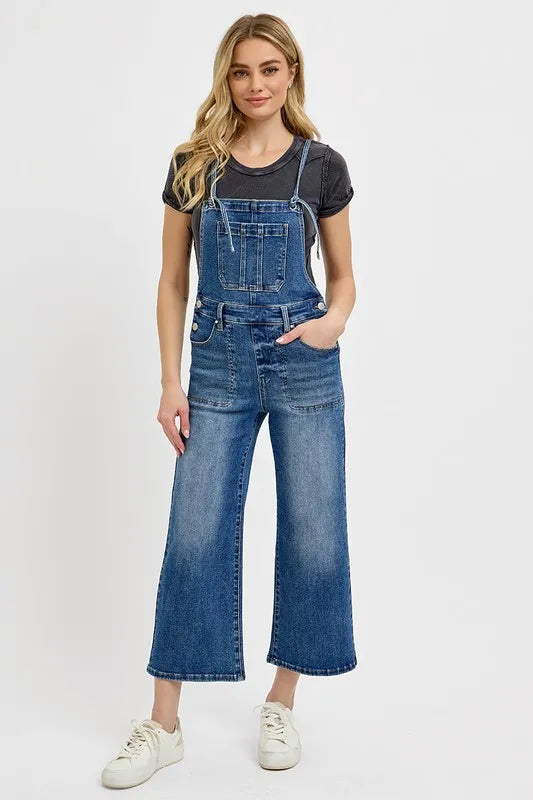 RISEN Full Size Knotted Strap Denim Overalls with Pockets Plus Size Dark
