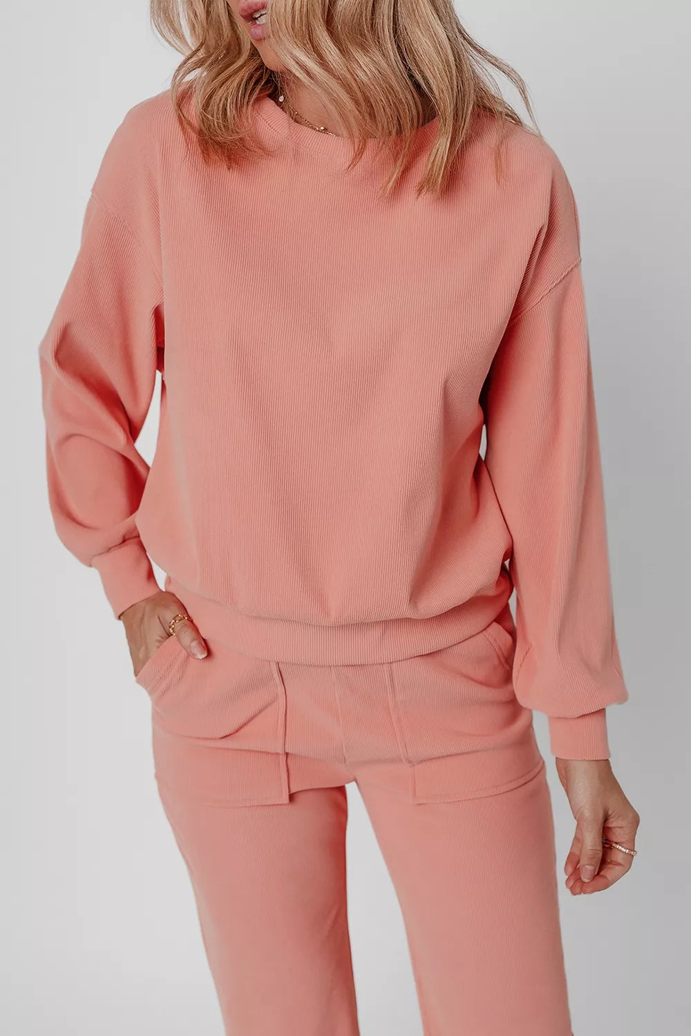 women's ribbed round neck top and pants set - close-up detail