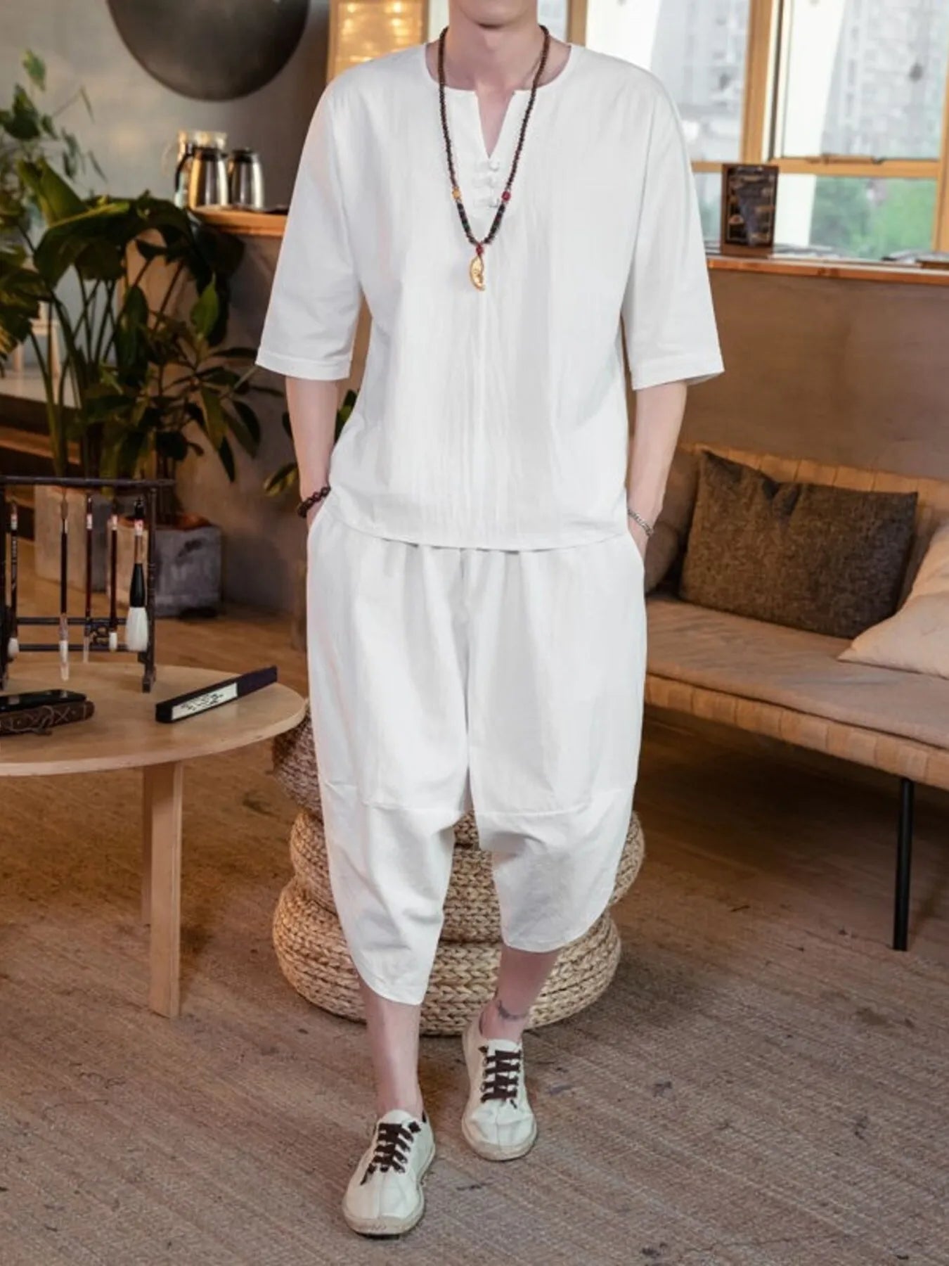 men's men's plus size notched half sleeve top and cropped pants set - back view