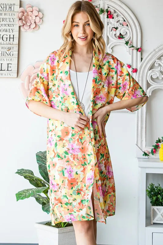 Heimish Full Size Half Sleeve Multi Color Floral Open Cardigan Plus Size