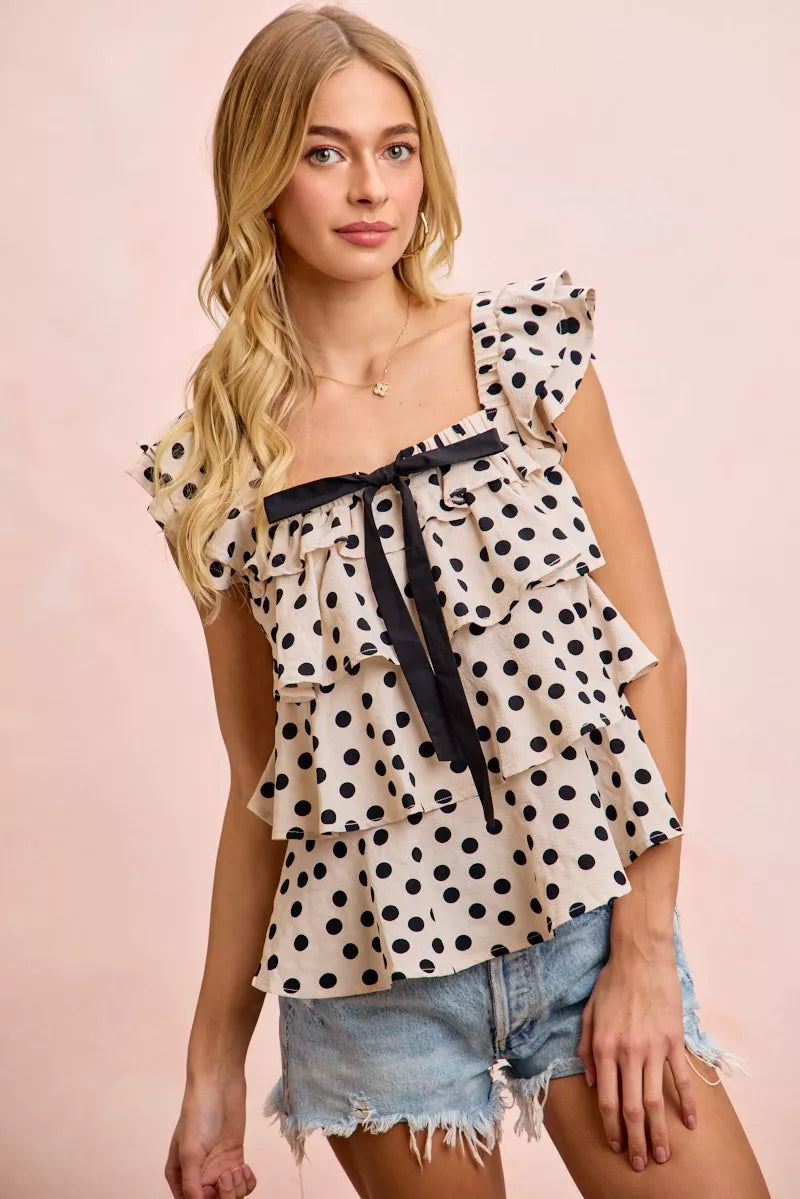 women's bibi polka dot ruffled bow tied square neck sleeveless top - styling option