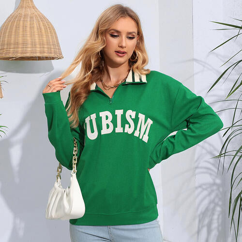 Letter Graphic Half Zip Blouse Mid Green