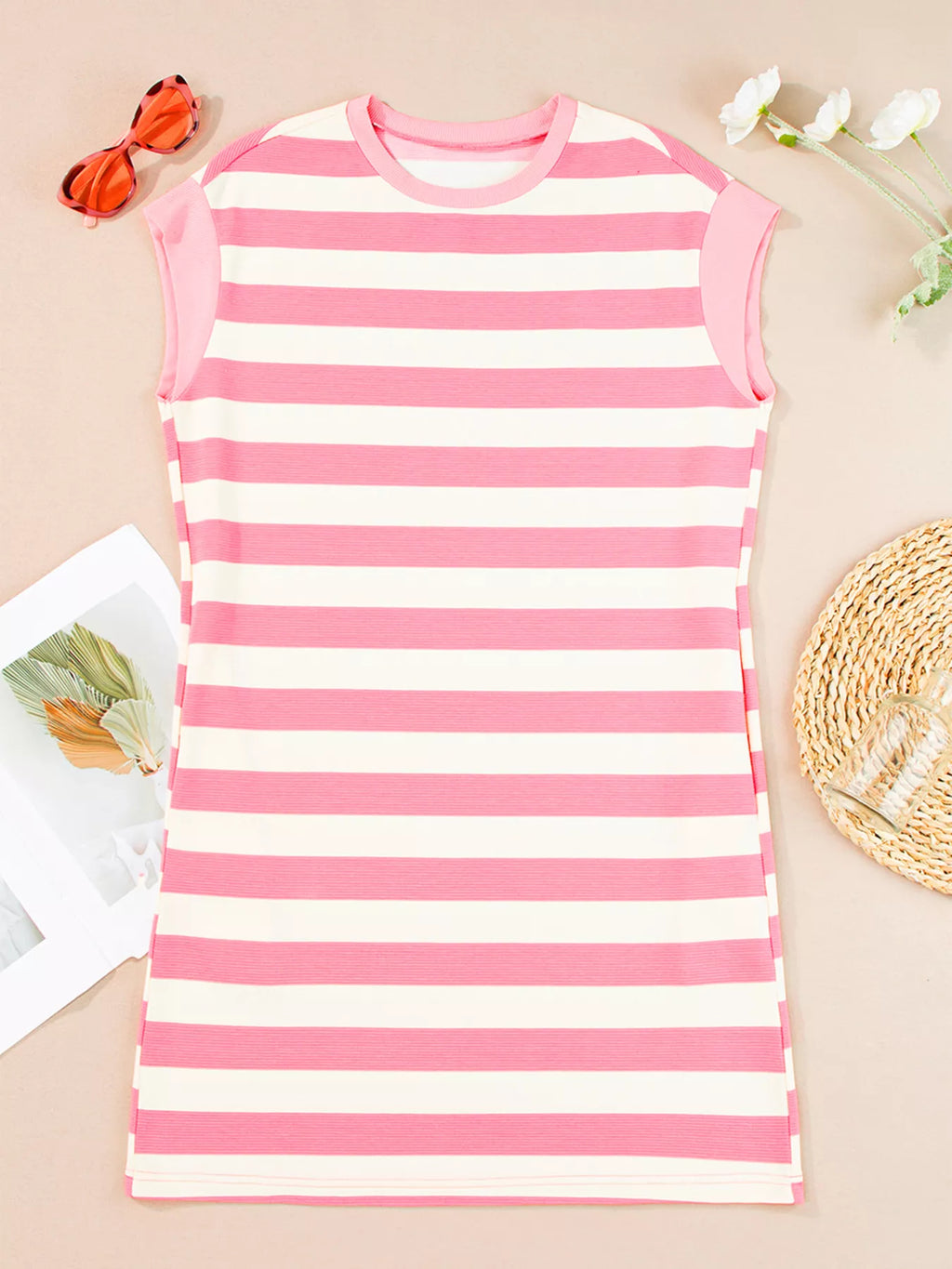 women's stripe cap sleeve pocketed shift dress - detail shot