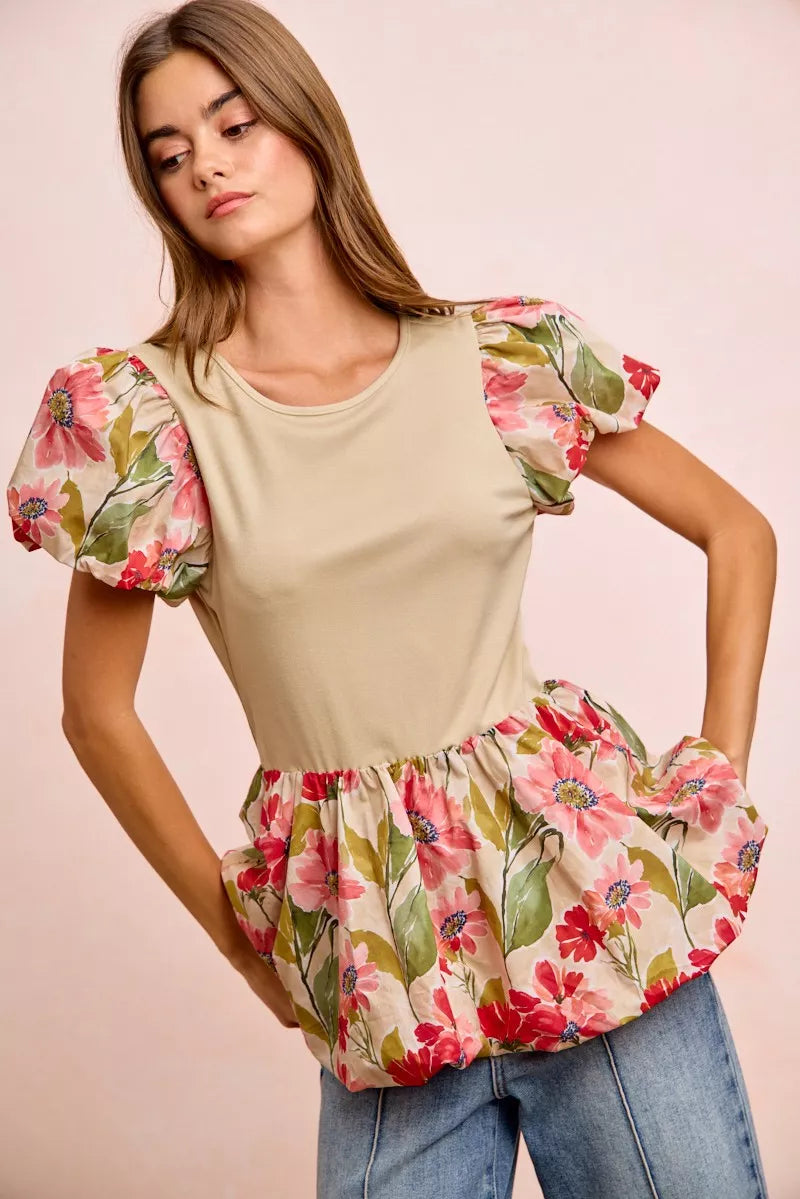 women's bibi floral printed bubble sleeves and hem peplum top - extra view
