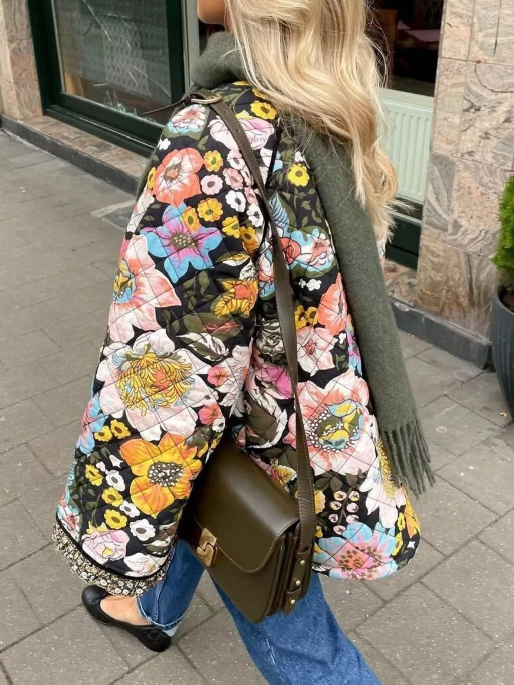 women's full size floral print quilted sherpa-lined jacket plus size - product detail