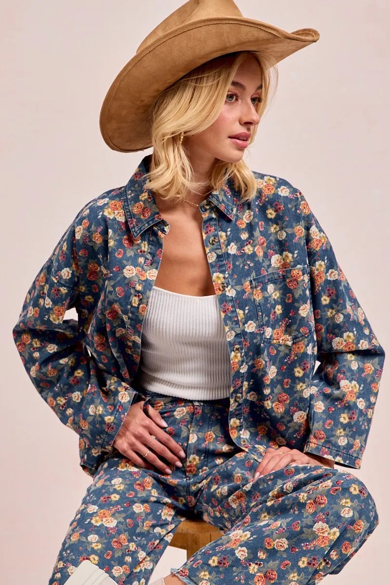 bibi washed floral print denim jacket shown as women’s jacket