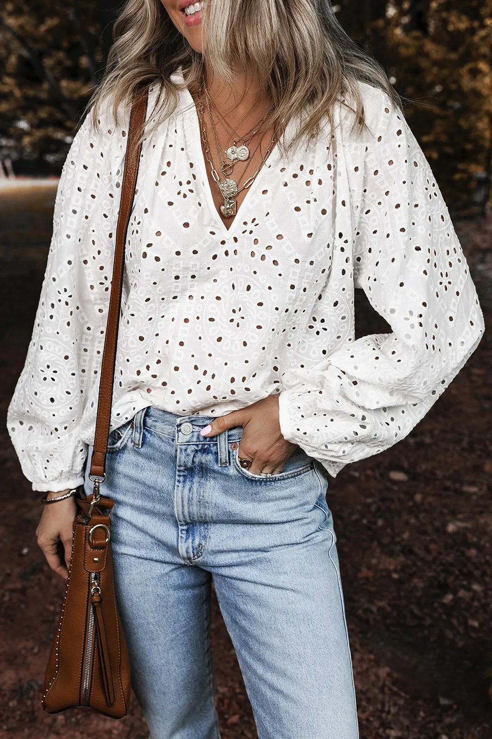 Eyelet V-Neck Long Sleeve Blouse White