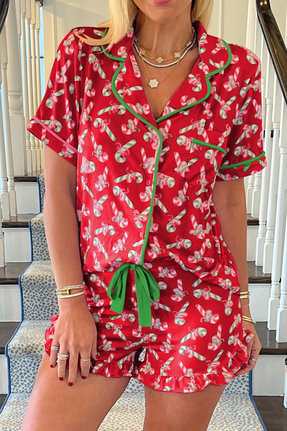 Candy Cane Collared Neck Top and Shorts Lounge Set Deep Red