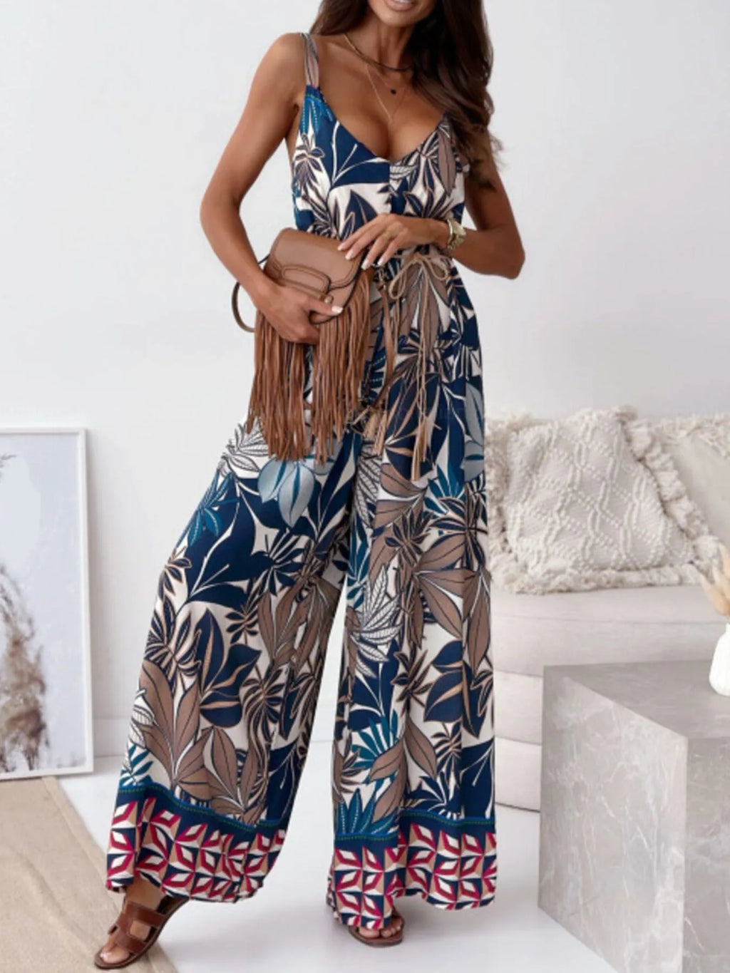 Paisley Print Spaghetti Strap Wide Leg Jumpsuit