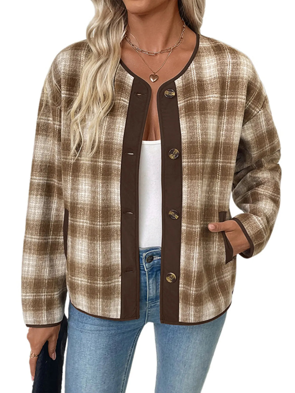 plaid wool winter jacket for women in mountain lodge setting