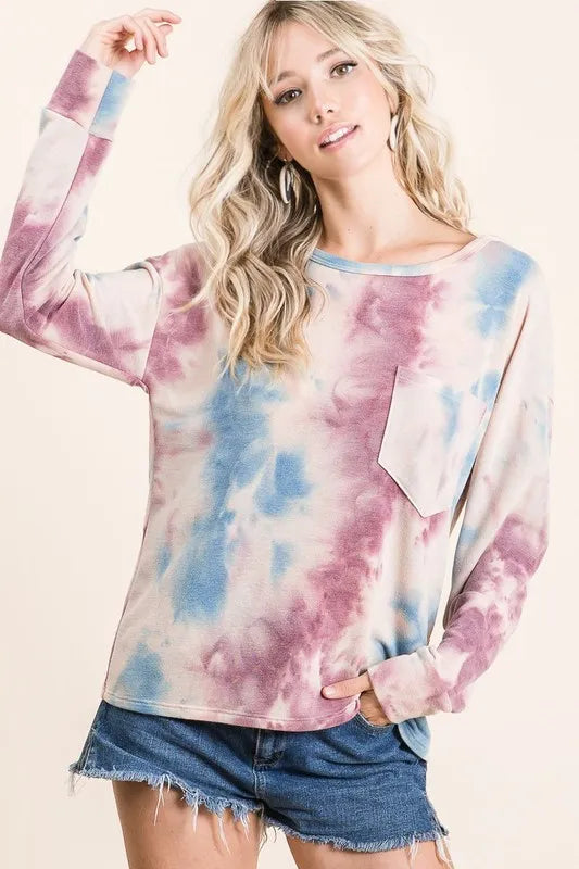 women's bibi tie dye print terry top with front patch pocket - styling option