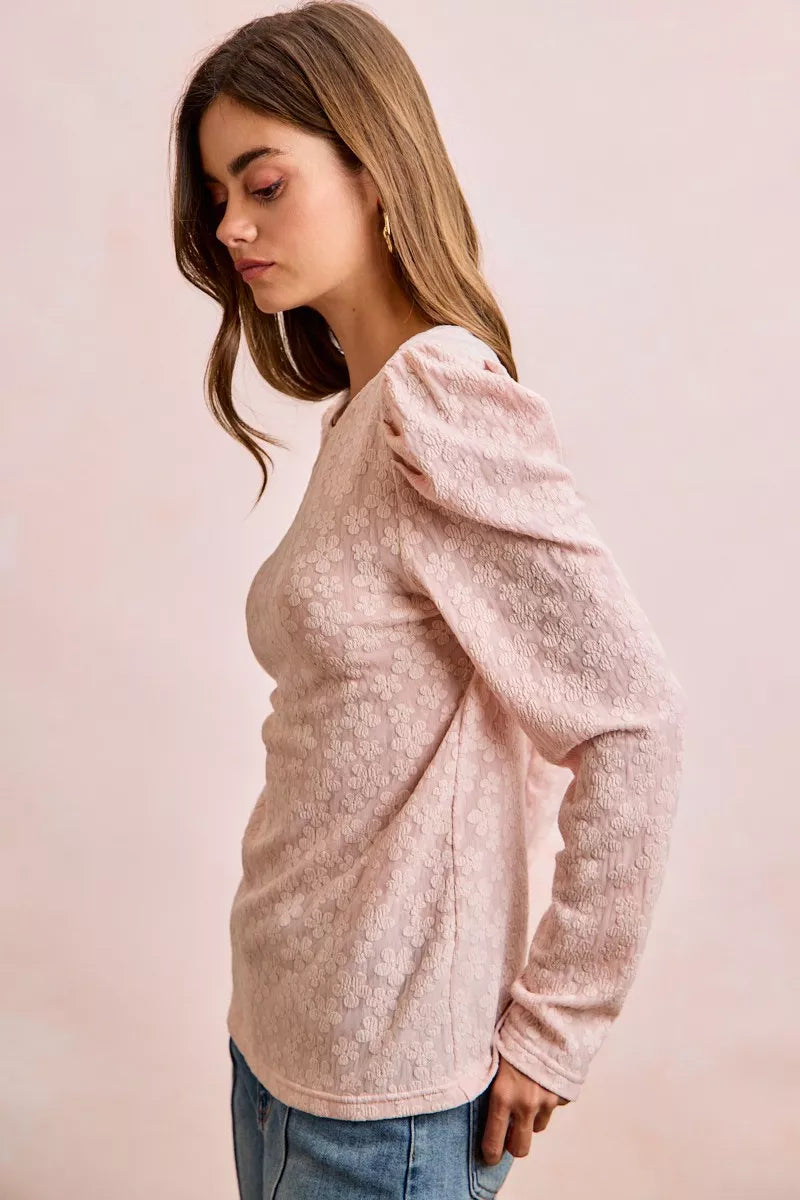 women's bibi textured flower knit puff shoulder top - styling option