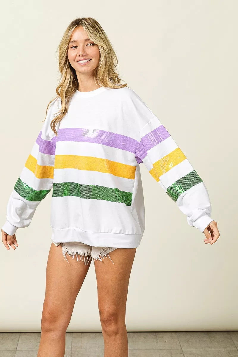 women's bibi sequin mardi gras striped round neck sweatshirt - extra view
