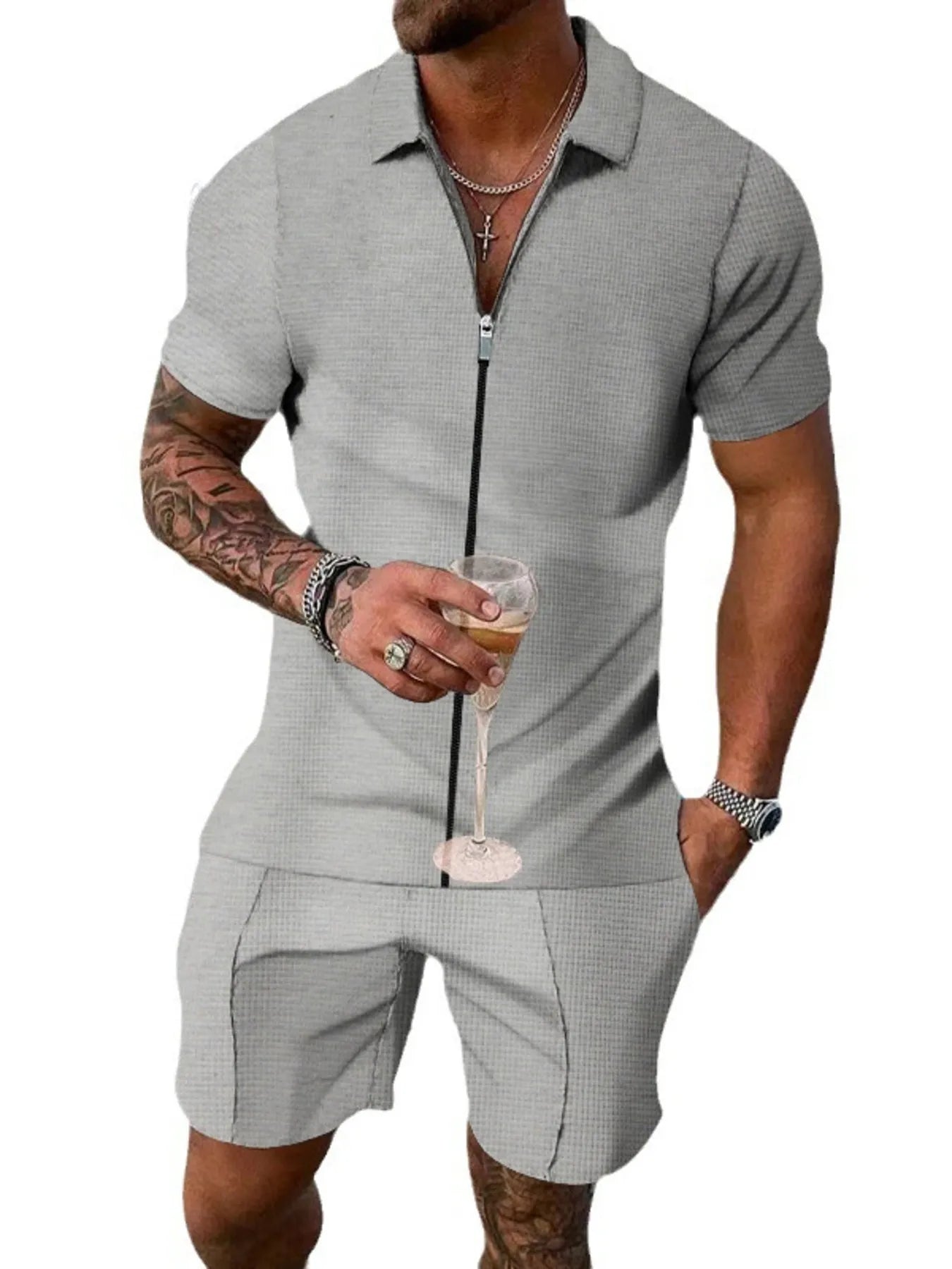 men's men's plus size zip up short sleeve top and shorts set - styling option