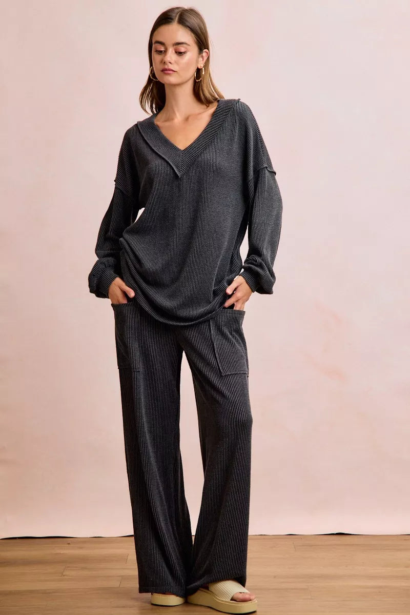 women's bibi two tone cord rib contrast stitching v-neck top and pants set - product showcase