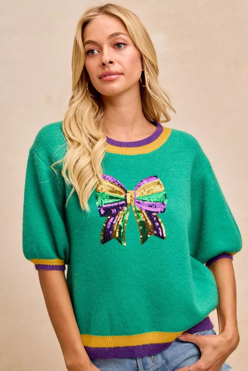 women's bibi mardi gras sequin ribbon patched sweater - styling option