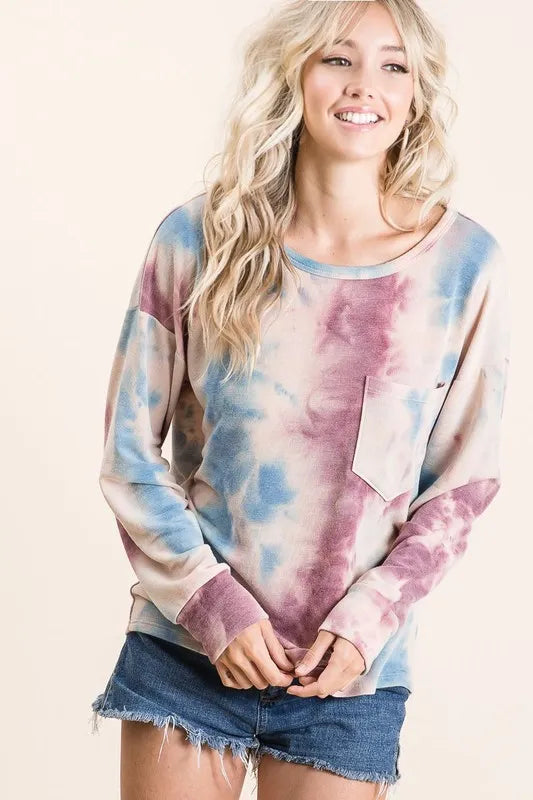 women's bibi tie dye print terry top with front patch pocket - styled view