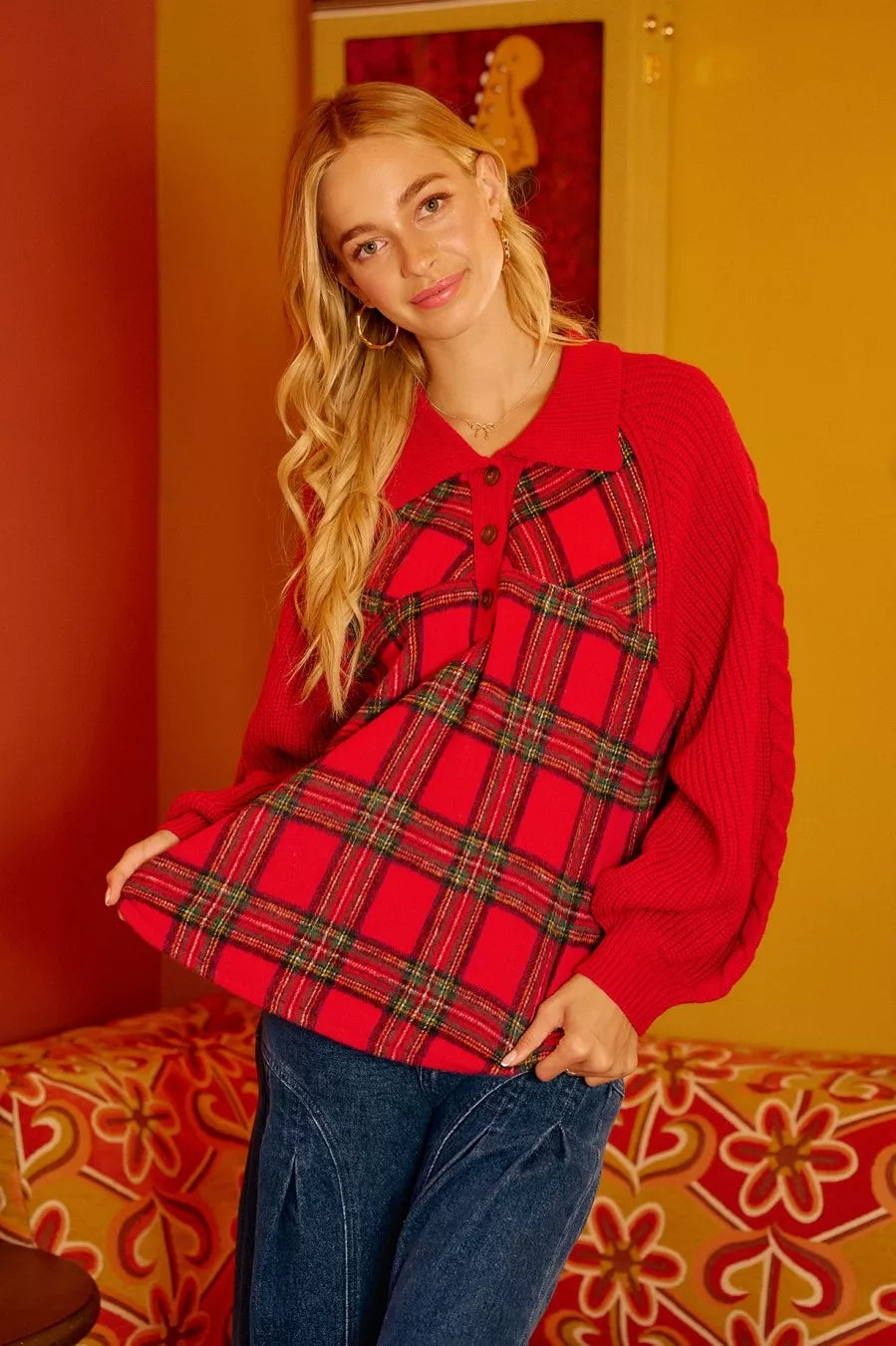 women's bibi plaid buttoned collared top with sweater sleeve - styling option