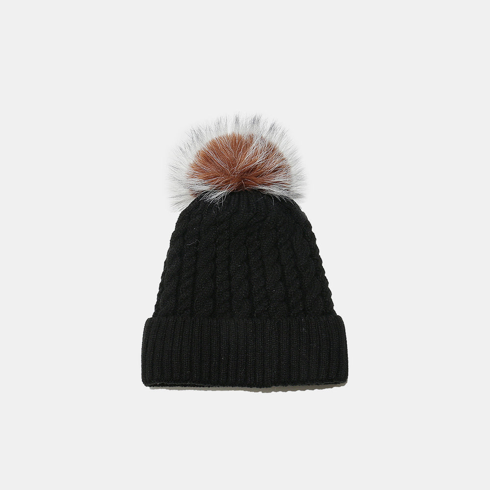 Cable Knit Winter Hat with Pompom Black One Size